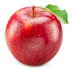 Red apple  with green leaf, covered with several water drops on white background. File contains clipping path.