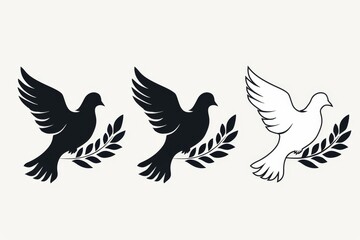Obraz premium Peace dove graffiti, pigeons, twigs ink illustration. Flying birds silhouettes monochrome flat icons