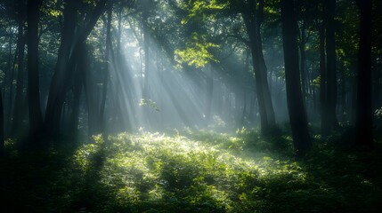 Obraz premium sun rays through the forest