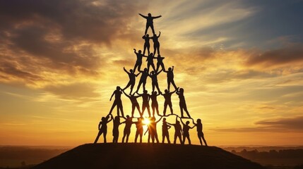 Silhouetted people on pyramid-like structure at sunset symbolize unity and accomplishment under warm, glowing sky with clouds.