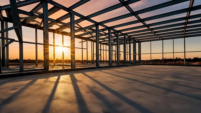 Steel Building Framework Under Construction at Sunset