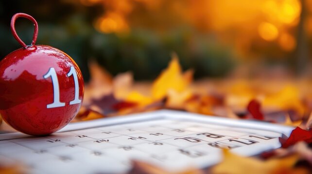 Red ornament and calendar surrounded by autumn leaves