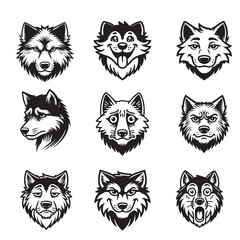 Collection of Cute Wolf Face Clipart Design - Grey wolf Head vector illustration - Wolf Logo Design