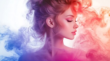 Generative AI Image of Beautiful Ethereal Girl with Colorful Pastel Abstract Swirl Fume Smoke