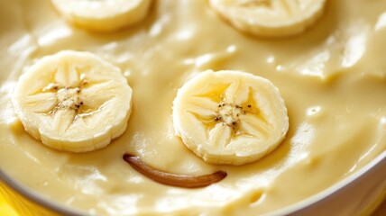 Close-up of creamy banana dessert with slices on top