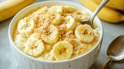 Creamy banana pudding topped with fresh slices and crushed cookies in white bowl