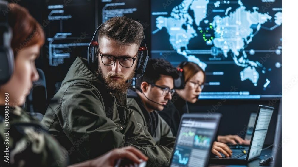 Aufkleber focused cybersecurity team working in a dark room with a world map display