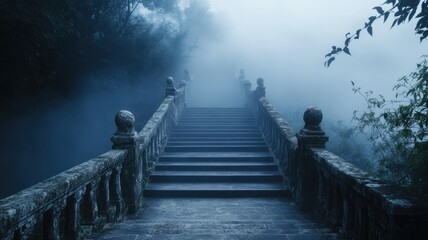 Obraz premium Stone staircase leads into foggy forest, enveloped in mist and mystery