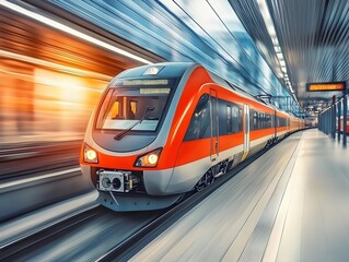 Fototapeta premium A modern high-speed train passes along the tracks near the passenger station with motion blur demonstrating the rapid pace of modern travel. Generative AI