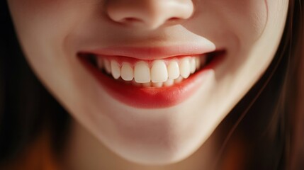 Close-up of a woman's smiling mouth with bright white teeth.
