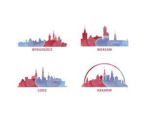 Fototapeta premium Poland cities skyline vector logo, icon set. Flat watercolor Warsaw, Krakow, Lodz, Bydgoszcz silhouette. Isolated graphic collection