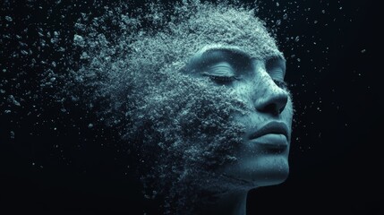 A computer-generated, 3D image shows a realistic-looking human face dissolving and fading away.