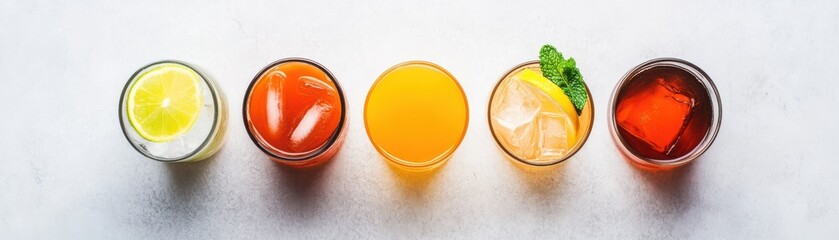 Assorted colorful drinks in glasses on a light background, showcasing refreshing beverages for any occasion.