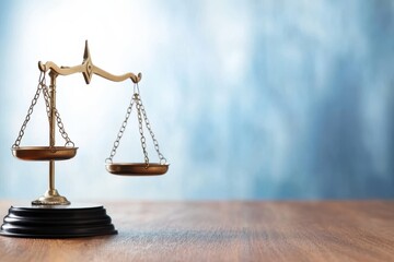 Brass balance scales on a wooden table against a blue background, symbolizing justice and fairness.