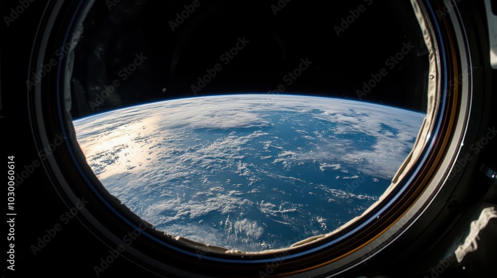 Poster a view of earth from a spacecraft window, showing clouds and the horizon.