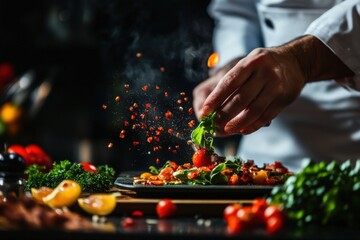 Chef seasoning a vibrant dish with fresh herbs and spices, showcasing culinary art in a dramatic kitchen setting.