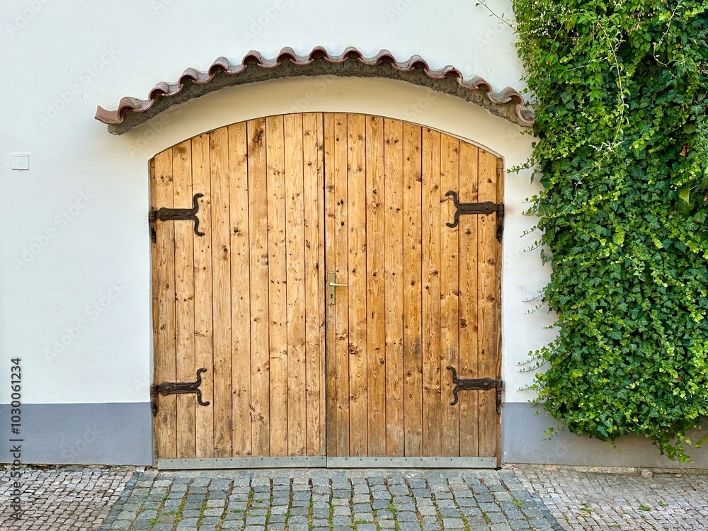 Wall mural the photograph captures a close-up of an old medieval gate, crafted from wood and metal, set in the 