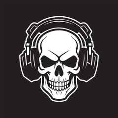 skull with headphones headset earphones smiling scary stylish black isolated on white vector logo tattoo style sticker stamp icon for tee shirt high quality print business music industry