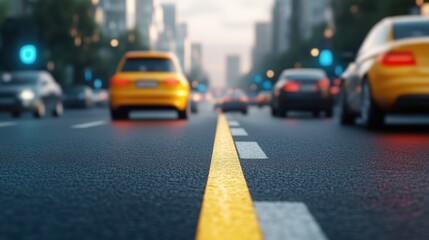 Close-up view of a busy street with vehicles and a yellow line indicating the lane. Urban environment during the day.