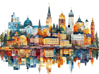 Finland, Charming European town with colorful buildings and water reflections