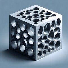 a cube with a complex pattern of holes drilled through it