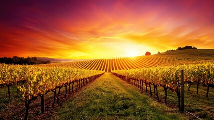 Naklejka premium Vineyards at sunset, rows of grapevines under vibrant sky