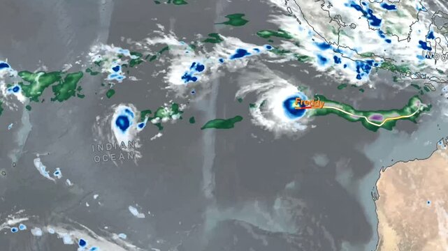 Time lapse animation tracking Freddy, longest-lived tropical cyclone on record. Elements of this image furnished by NASA.
