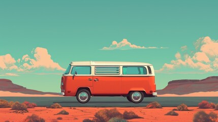 vintage van stands out against vast desert landscape, showcasing its iconic design amidst serene backdrop of mountains and clouds. scene evokes sense of nostalgia and adventure. 