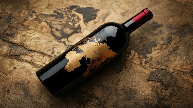 Elegant wine bottle with world map on label, placed textured surface