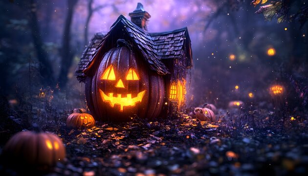 3D pumpkin house glowing from inside, surrounded by a purple Halloween night