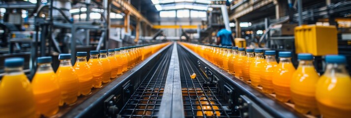 Obraz premium Beverage Factory Interior, Conveyor with Juice Bottles, Drink Production Line, Juice Industry