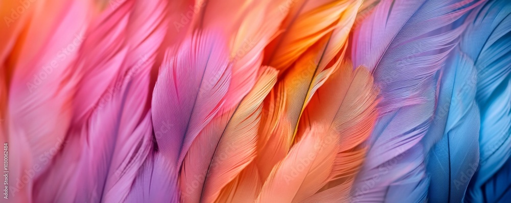 Poster colorful feathers in close-up arrangement with depth and texture on blurred background - soft dreamy