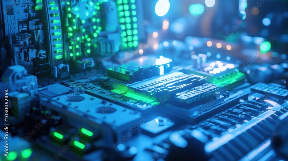 Poster closeup of a computer motherboard with glowing green leds and blue light, highlighting the complexit