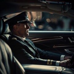 Professional driver, private chauffeur in luxury car, chauffeur service, man in uniform, auto rental