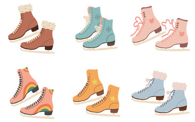 Set of figure skating skates. winter sports. winter activity. various fashionable design of figure skating skates