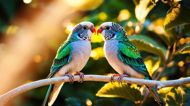 Two colorful parakeets share a moment of affection on a branch in soft sunlight, highlighting their bond in a tranquil natural setting
