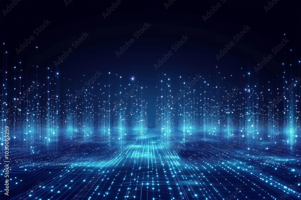 Poster futuristic digital art: abstract technological landscape with glowing grid lines and gradient effect