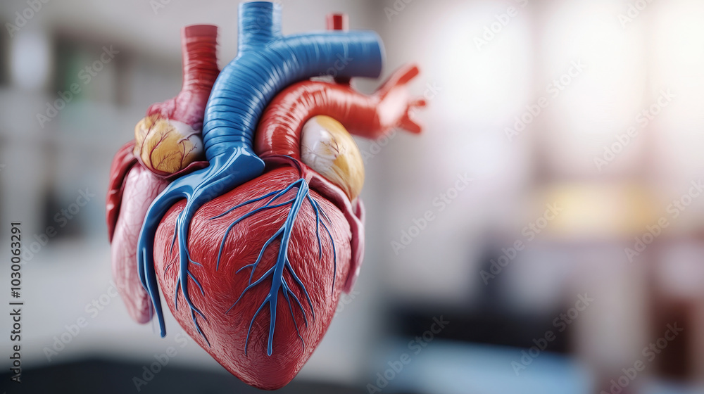 Poster cross-sectional view of the heart showing detailed valve structures and blood flow with copy space