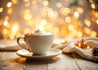 Obraz premium Cozy Cup of Coffee with Foam and Bokeh Effect for Relaxing Mornings and Coffee Lovers