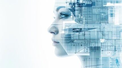 Double exposure of a face and architectural blueprint in white and blue With copy space