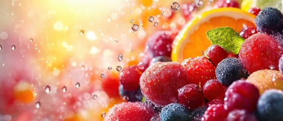 Fresh assorted fruits with droplets of water, vibrant colors, and a refreshing ambiance.