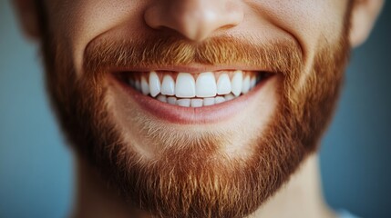 Fototapeta premium Close up of a smiling man with a beard, showing his white teeth.