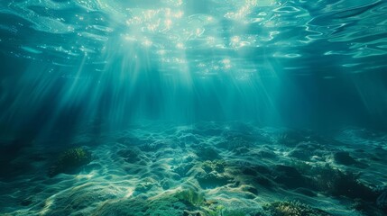 Fototapeta premium Sunbeams penetrate the surface of the ocean, illuminating the rocky seabed.