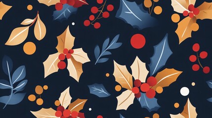 Fototapeta premium Festive Holiday Pattern with Berries and Leaves