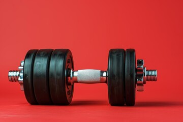 Naklejka premium Exercise weights on a bright red background With copy space