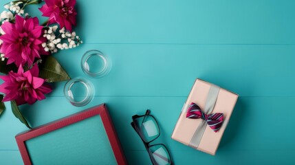 Flat lay of Father's Day gifts with a gift box, glasses, frame and flowers on a teal background.