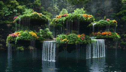 Fototapeta premium A series of floating platforms covered in vibrant, lush greenery and flowers, suspended high above a large lake