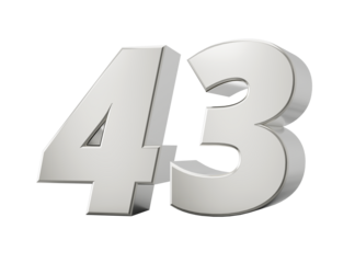 Silver 3d numbers 43 Forty three. Isolated white background 3d illustration
