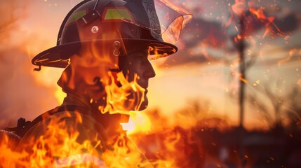 Fototapeta premium Silhouette of a firefighter engulfed in flames, representing courage and sacrifice.