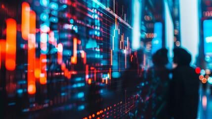 Silhouettes of people watching stock market data on a large screen in a city.